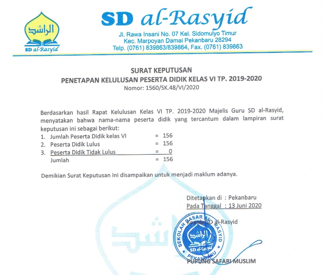 SD Islam Terbaik Pekanbaru | Info Kelulusan PD Kelas VI SD al-Rasyid